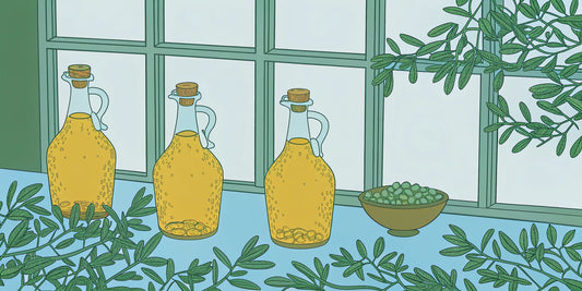 Bottles of organic THC olive oil from top brands with fresh olives and olive branches.