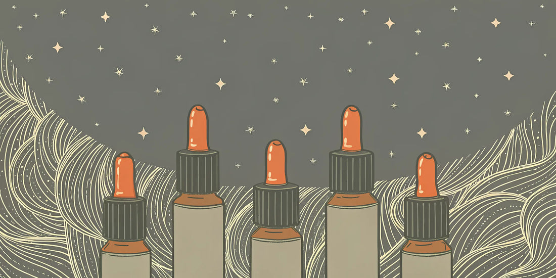 Five of the best CBN oil dropper bottles for deep sleep under a starry night sky.