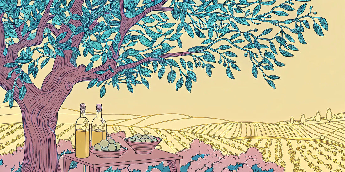 Bottles of high polyphenol olive oil with bowls of fresh olives.