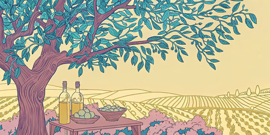 Bottles of high polyphenol olive oil with bowls of fresh olives.