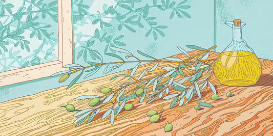 High polyphenol olive oil in a glass bottle with fresh olives and an olive branch.