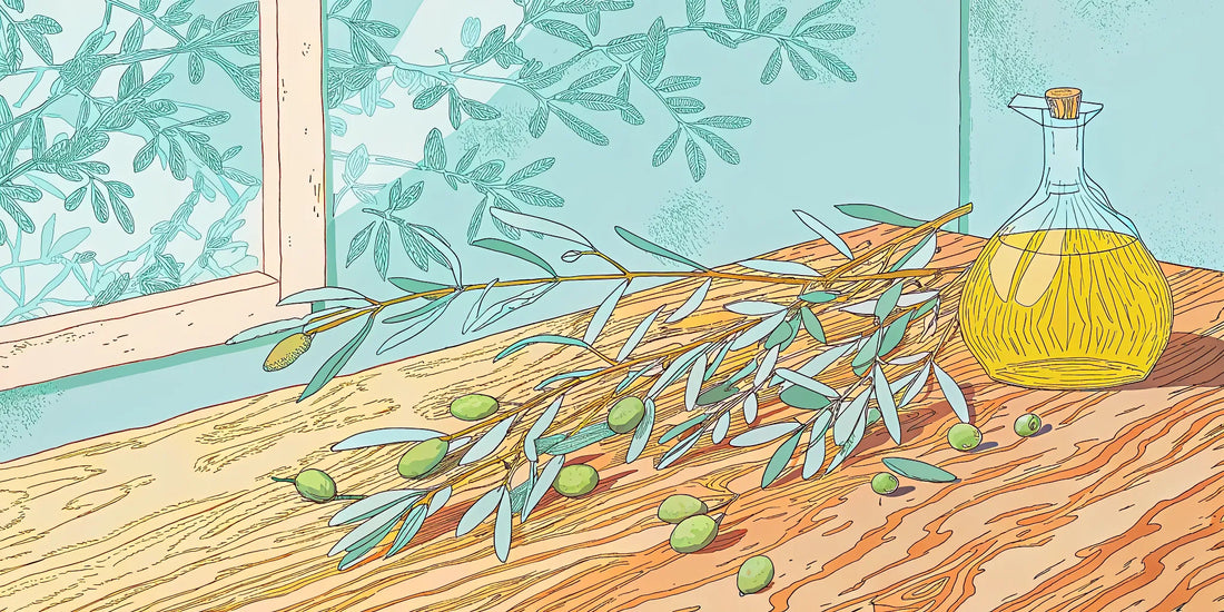 High polyphenol olive oil in a glass bottle with fresh olives and an olive branch.