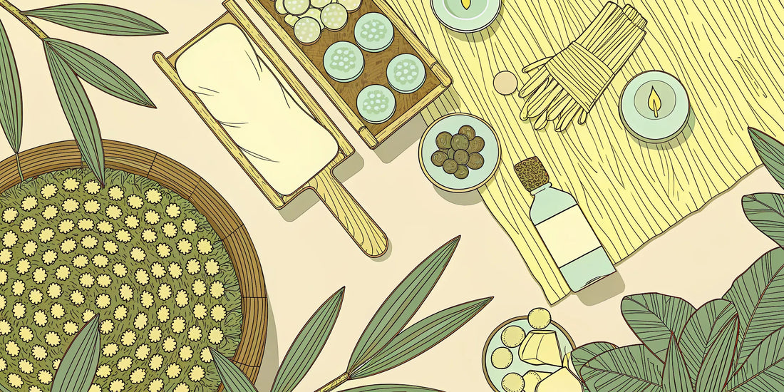 A wellness setup for a beginner's microdose guide with a journal, supplements, and measuring tools.