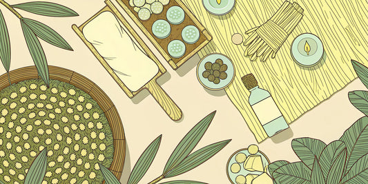A wellness setup for a beginner's microdose guide with a journal, supplements, and measuring tools.
