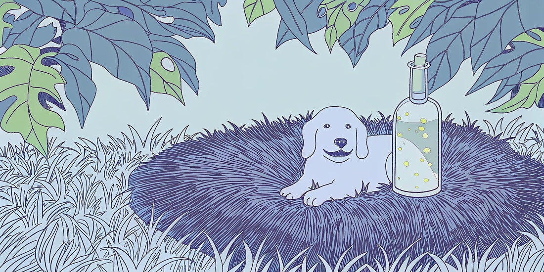 A dog resting comfortably next to a bottle of CBD oil for joint pain.