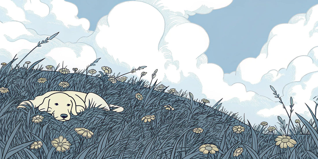 Yellow lab resting comfortably in a field, finding relief from joint pain with CBD oil.