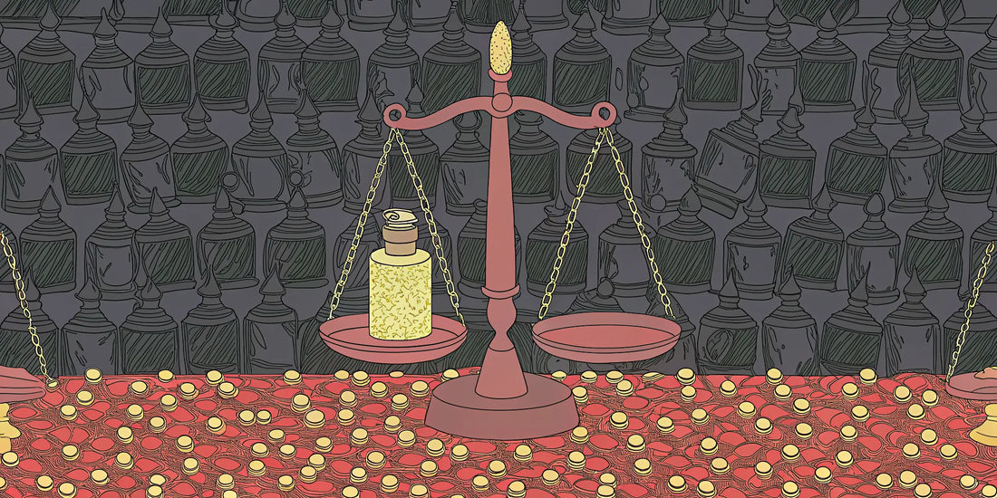 A balance scale with a CBD oil bottle and gold coins weighs the factors that determine its price.
