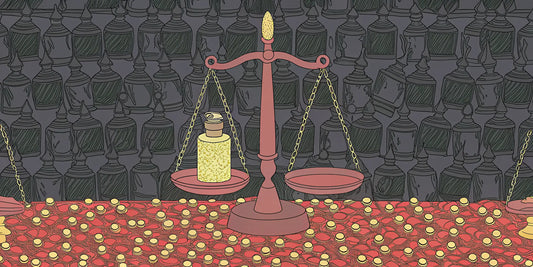 A balance scale with a CBD oil bottle and gold coins weighs the factors that determine its price.