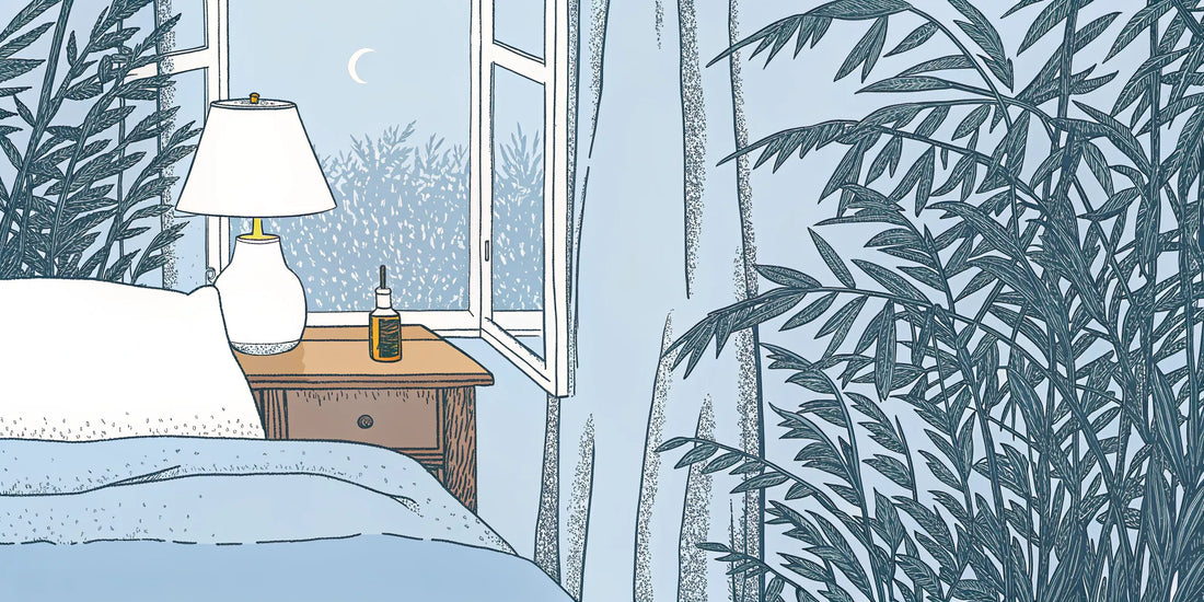 CBD olive oil on a nightstand, part of a natural ritual for better sleeping.