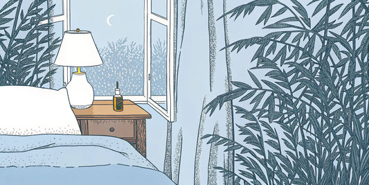 CBD olive oil on a nightstand, part of a natural ritual for better sleeping.