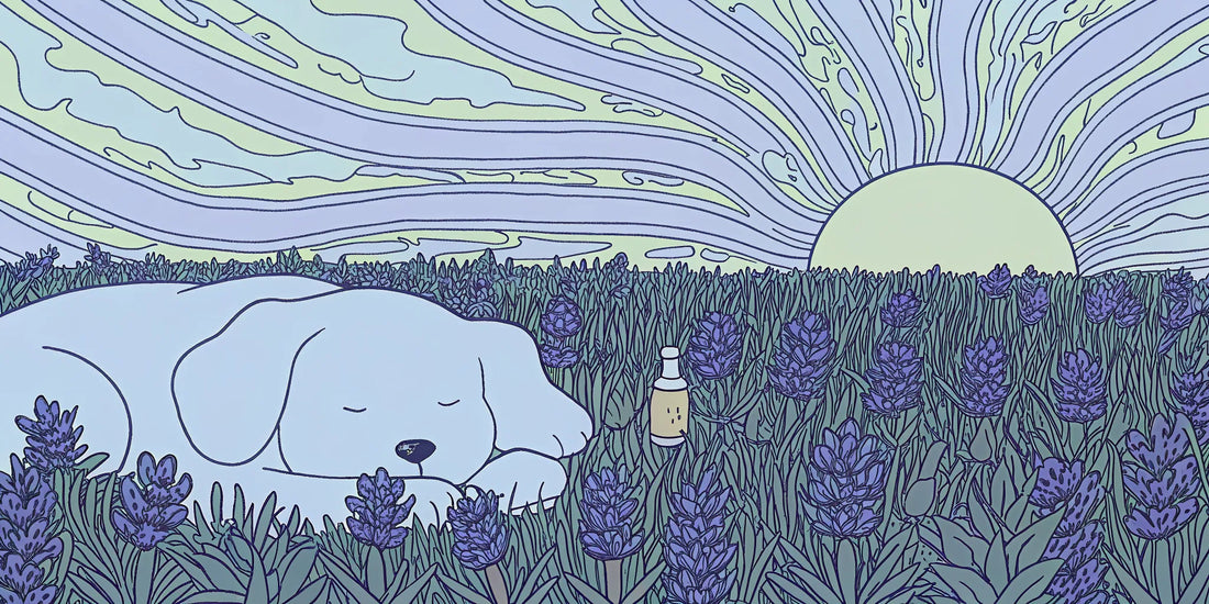 A calm dog resting beside a bottle of CBD or hemp oil for anxiety.