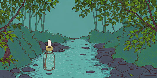 A bottle of CBD tincture with its dropper resting on a rock in a natural, green setting.