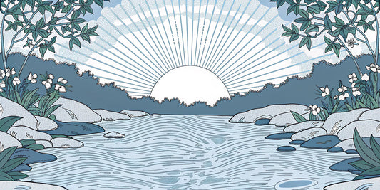 A calm sunrise over a river, highlighting the natural wellness benefits found in a CBG chart.