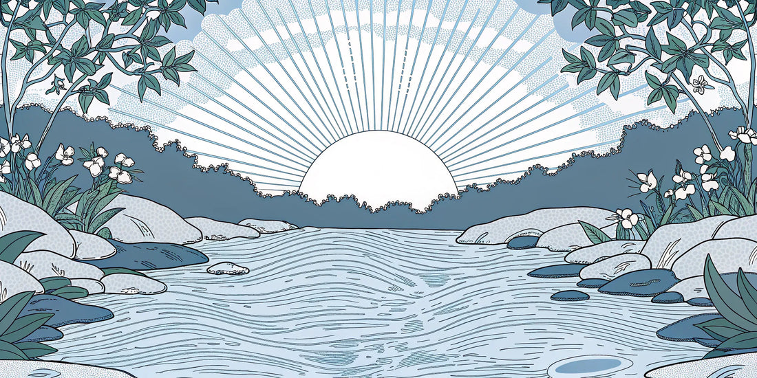 A calm sunrise over a river, highlighting the natural wellness benefits found in a CBG chart.