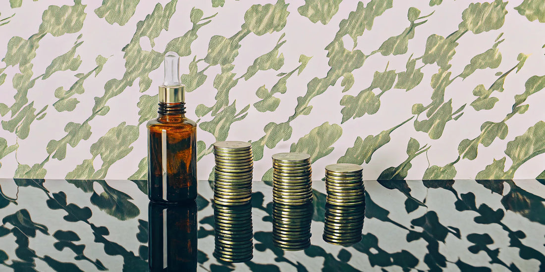 The price of CBG oil shown with a dropper bottle and stacks of coins.