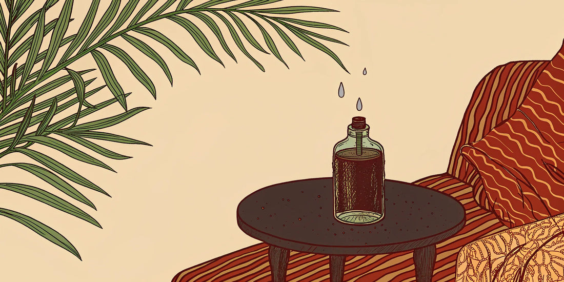 A CBG tincture bottle and dropper on a wooden surface with fresh plant leaves.