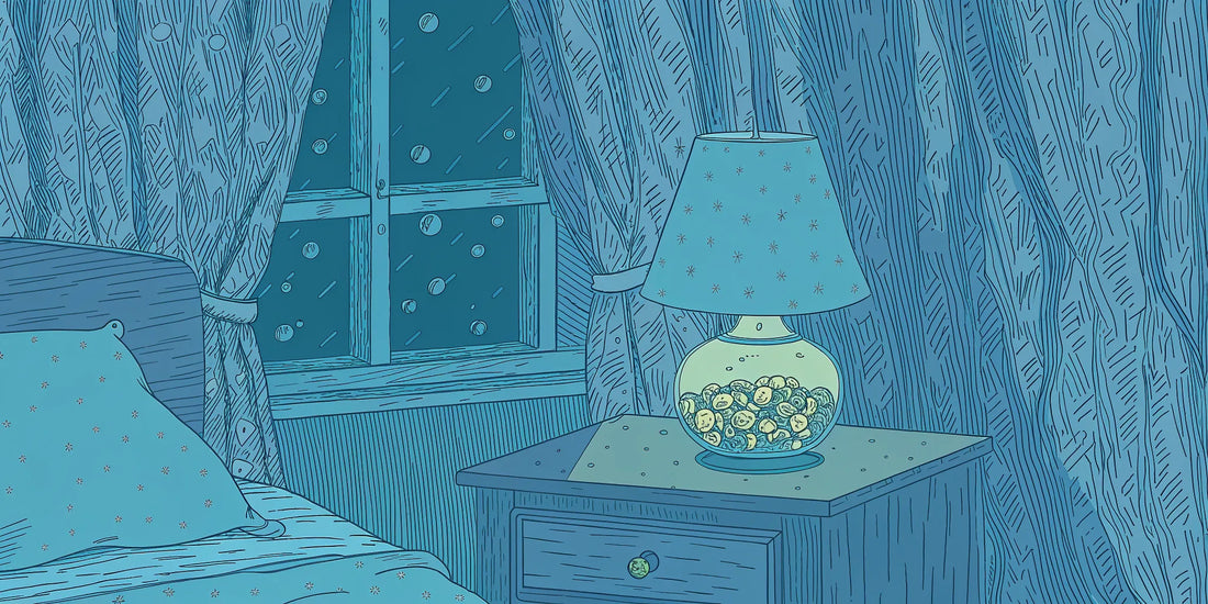 Jar of CBN gummies for sleep on a nightstand in a cozy bedroom at night.