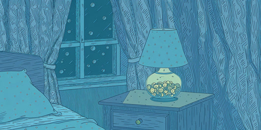 Jar of CBN gummies for sleep on a nightstand in a cozy bedroom at night.