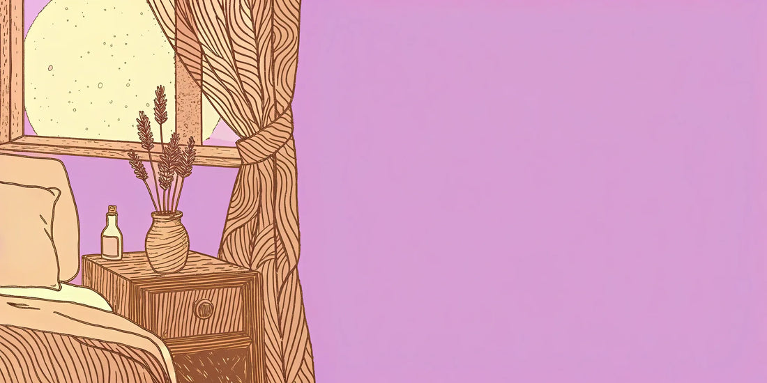 Bottle of CBN oil for sleep on a nightstand in a peaceful bedroom.