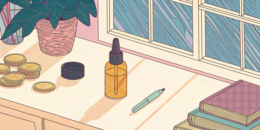 A dropper bottle of CBN oil next to a stack of coins, representing the price of quality CBN oil.