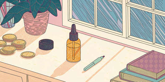 A dropper bottle of CBN oil next to a stack of coins, representing the price of quality CBN oil.