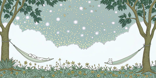 Person and cat in hammocks under a starry sky, choosing between CBN vs CBD for calm and sleep.