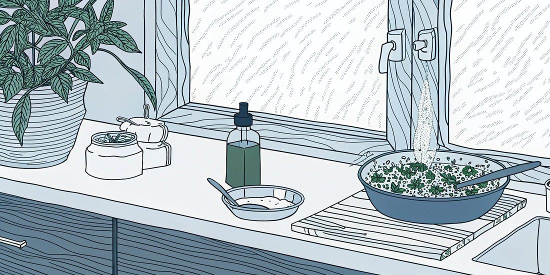 Edible cannabis oil infused with herbs in a pan for cooking.