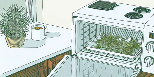 Cannabis buds on a tray in an oven set to the optimal decarboxylation temperature.