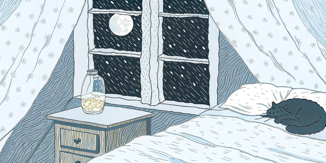 A peaceful bedroom with a sleeping cat shows how CBN oil helps with sleep.