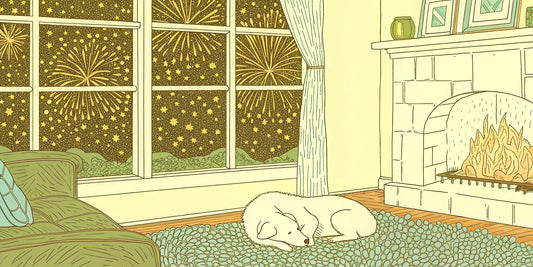 A dog rests calmly by a fire during fireworks, a reason to buy CBD oil for dogs.