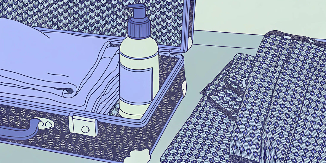 A bottle of a jet lag sleep aid packed in an open suitcase with travel essentials.