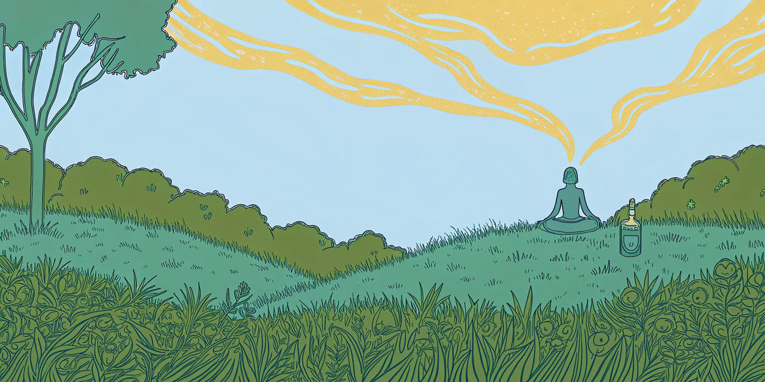 A person meditating outdoors with a bottle of the best THC CBD oil for microdosing.