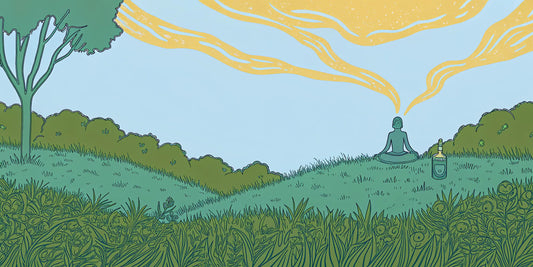 A person meditating outdoors with a bottle of the best THC CBD oil for microdosing.