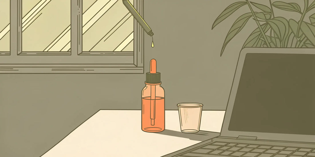 CBG oil dropper bottle and laptop on a desk for calculating the right dosage.