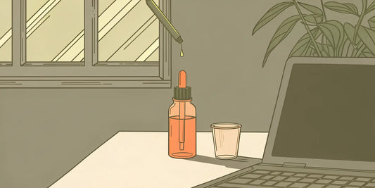 CBG oil dropper bottle and laptop on a desk for calculating the right dosage.