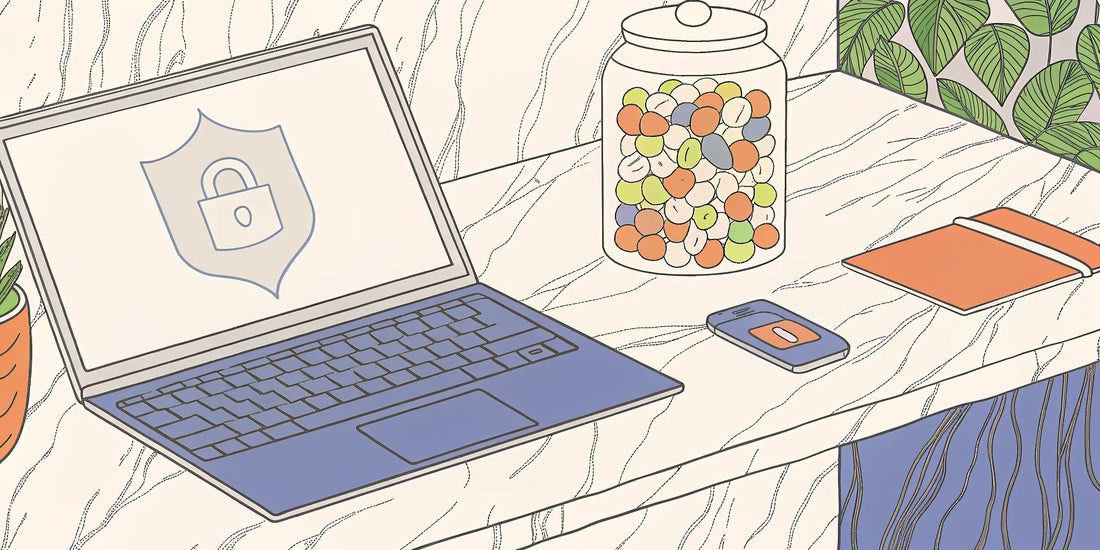 Laptop with a security icon and delta 9 gummies on a desk, ready to buy online safely.