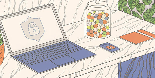 Laptop with a security icon and delta 9 gummies on a desk, ready to buy online safely.