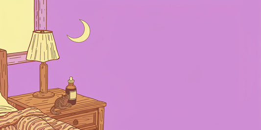 A bottle of CBD and CBN oil on a nightstand as part of a relaxing bedtime routine for sleep.