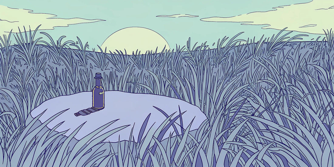 A bottle of CBD and CBG oil for inflammation resting on a rock in the morning sun.