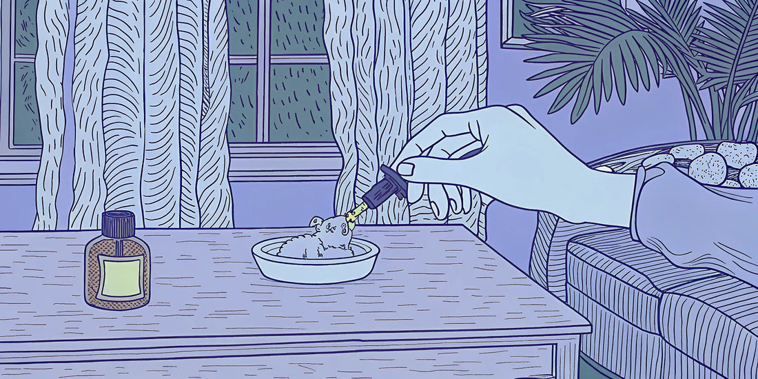 A hand adds CBD oil to a small dog's bowl for separation anxiety.