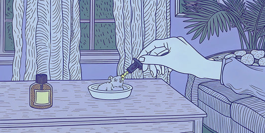A hand adds CBD oil to a small dog's bowl for separation anxiety.