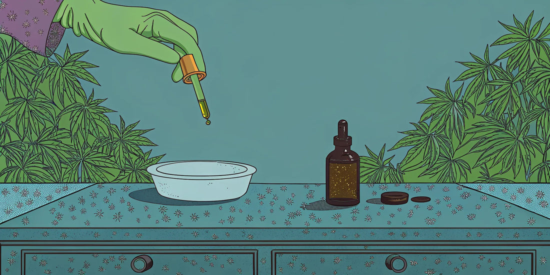 A bottle of hemp oil with a dropper for calming a dog with separation anxiety.