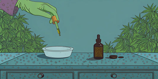A bottle of hemp oil with a dropper for calming a dog with separation anxiety.