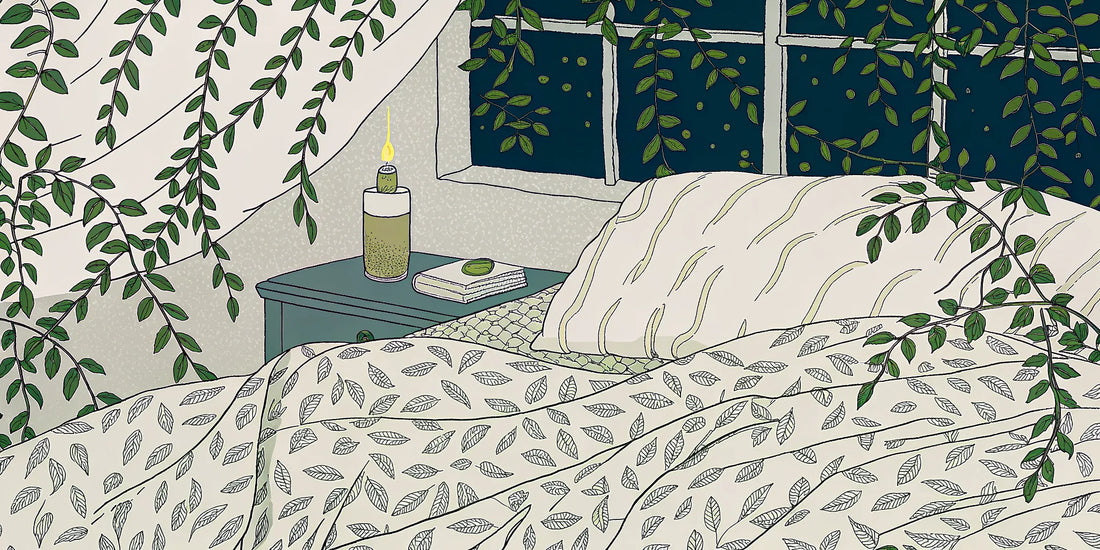 Cozy bedroom setting for a nightly routine using hemp olive oil for sleep.