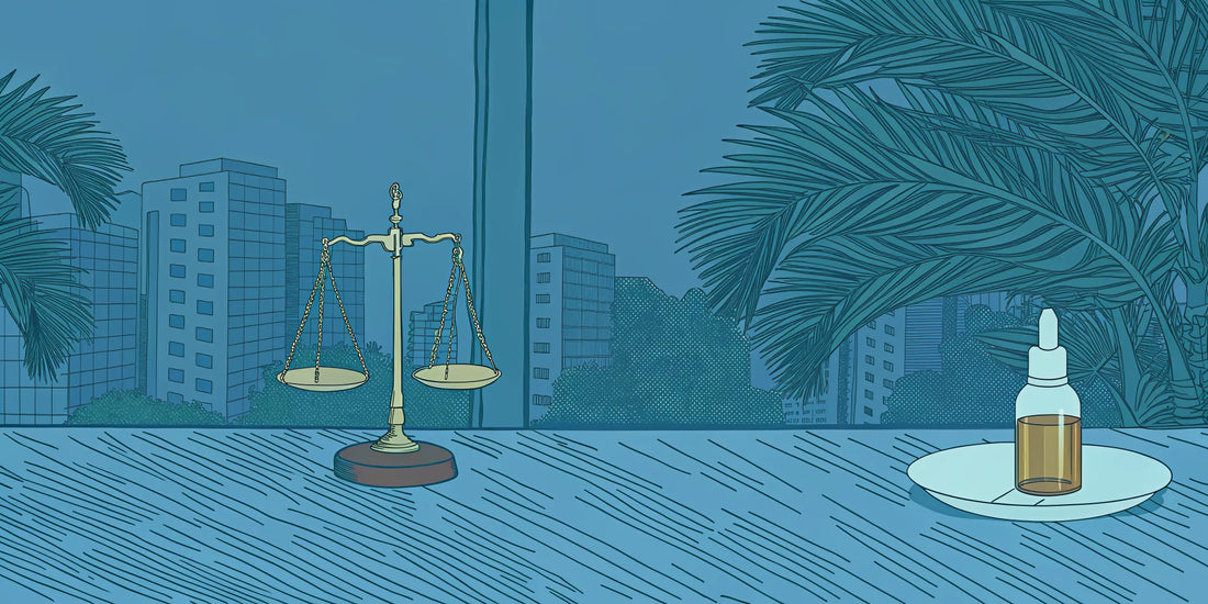 A CBN oil bottle and scales of justice, showing that CBN is legal in Florida.