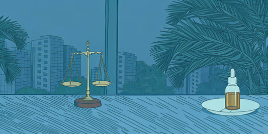 A CBN oil bottle and scales of justice, showing that CBN is legal in Florida.