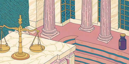 A CBN oil bottle with scales of justice, answering the question of whether CBN is legal in Georgia.