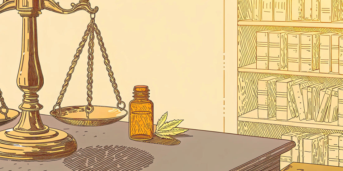 Scales of justice weigh if CBN is legal in Texas, with a CBN oil bottle and hemp leaf on a desk.