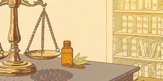 Scales of justice weigh if CBN is legal in Texas, with a CBN oil bottle and hemp leaf on a desk.