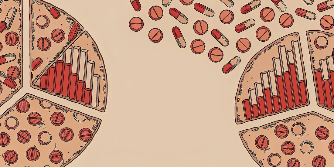 Pizza slices with pills and graphs showing the potential benefits of microdosing.